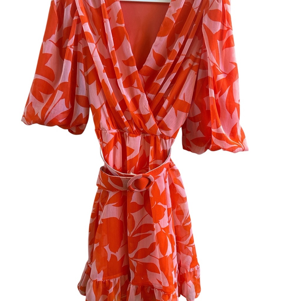 Taylor Women’s Bright Orange Pink Floral Chiffon Fit Flair Belted Dress Sz 10